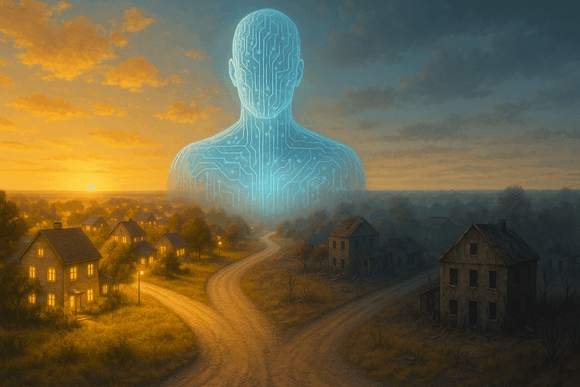 A fork in the road at sunset with a giant translucent AI figure made of glowing circuit patterns looming overhead. The left path leads to a thriving community with illuminated homes and warm lights. The right path leads to abandoned, darkened buildings. The image represents the choice between sharing AI productivity gains for prosperity or allowing mass displacement and societal collapse.